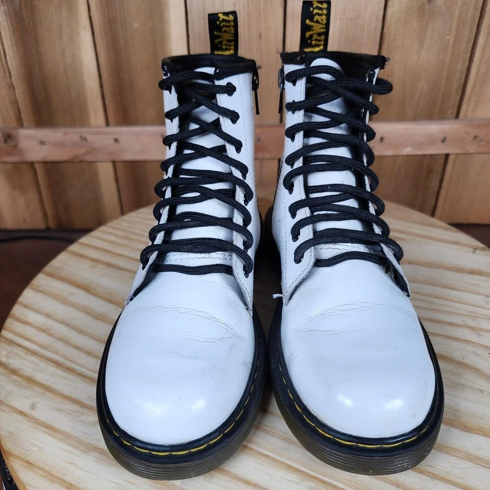 Dr Martens 1460 J Boots Kids Size 3 White Leather Combat Lace Up Side Zip‎ Ankle